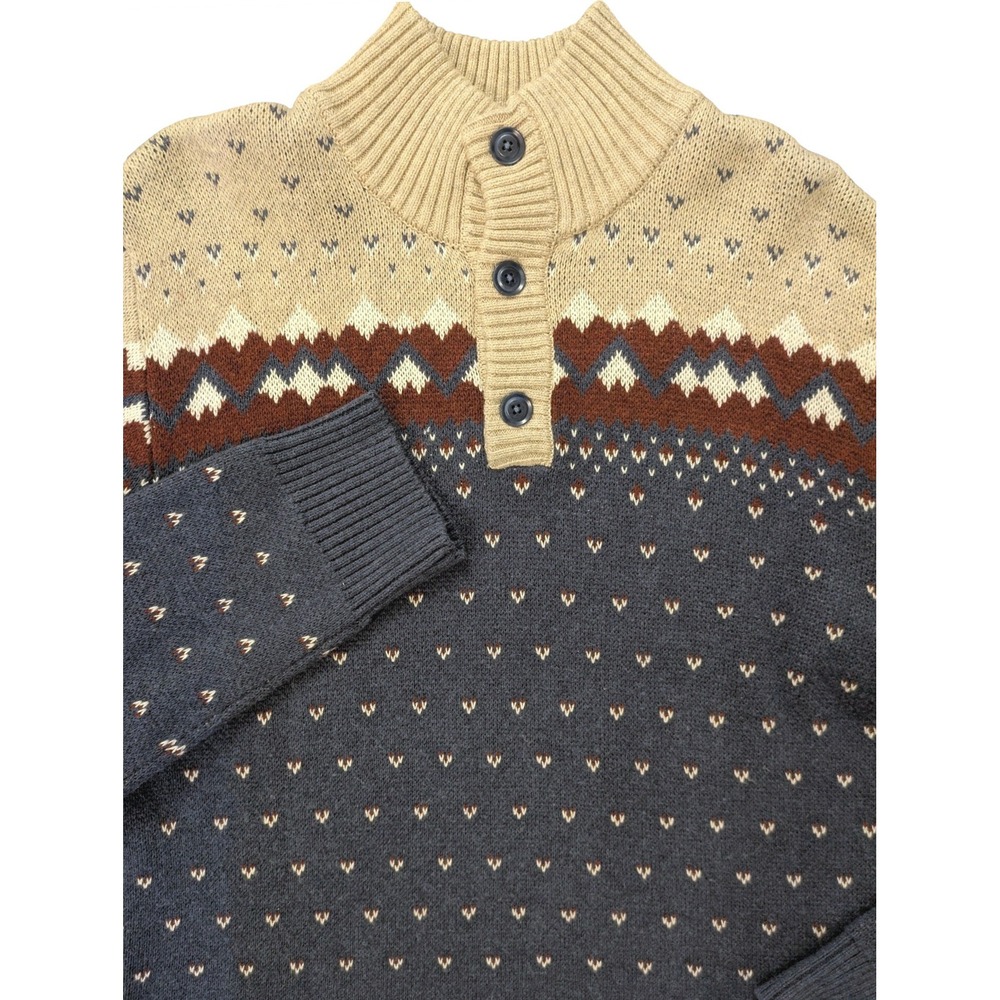 United By Blue Mens XL Fair Isle Mock Neck‎ Sweater Cotton Merino Wool Blue